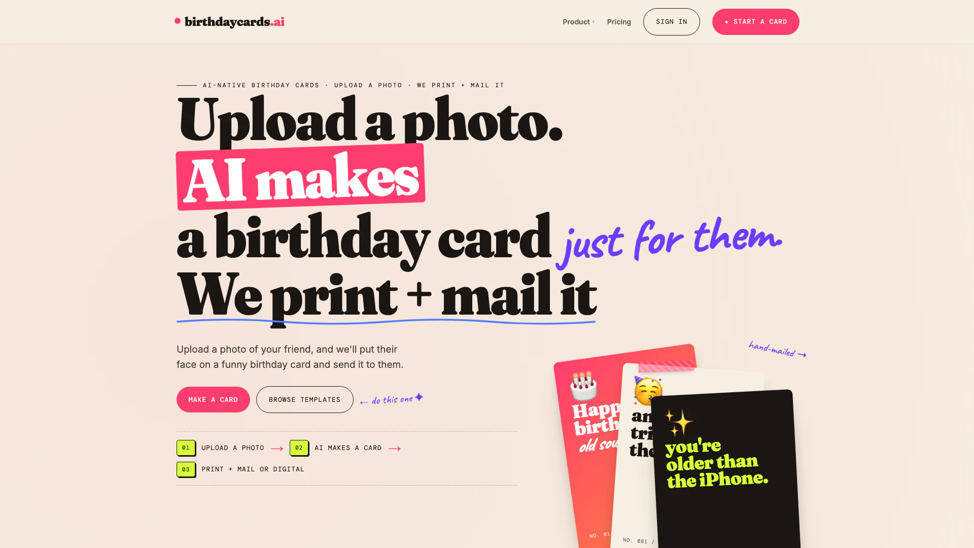 Birthdaycardsai website screenshot showing Create personalized AI birthday cards us... interface and features