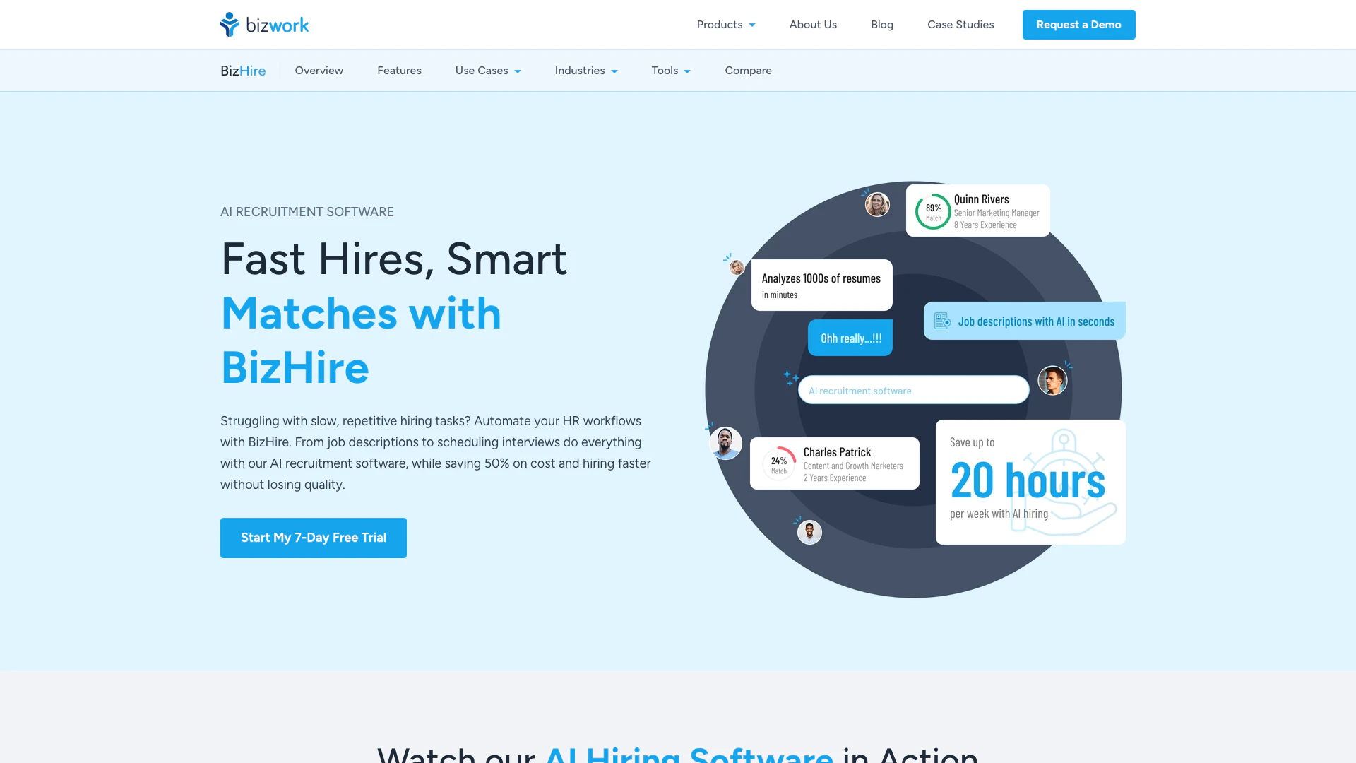 Bizworkhq website screenshot showing Transform hiring with AI recruitment sof... interface and features