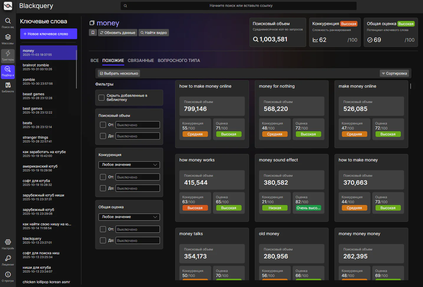 Blackquery keyword selection module usage