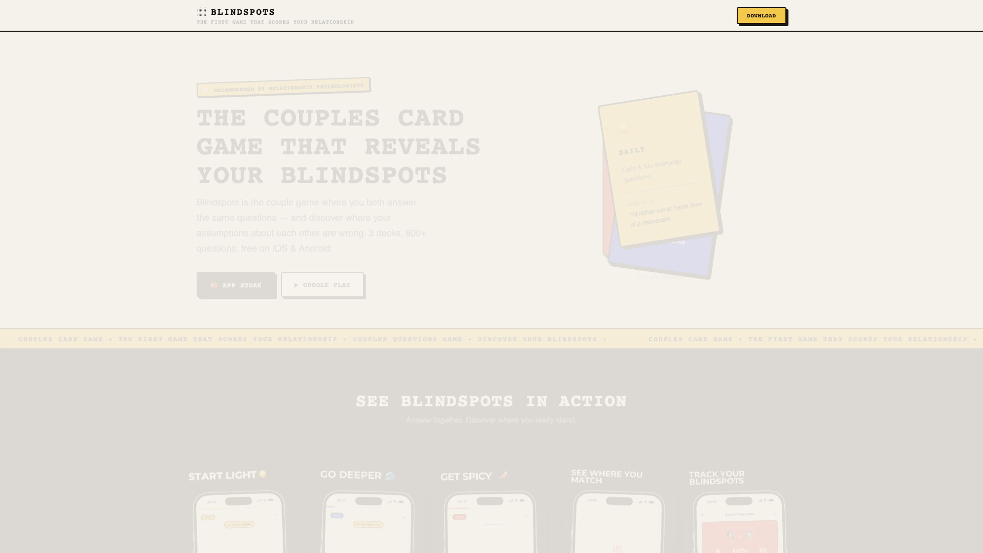 Blindspotsgame website screenshot showing Blindspots는 관계 심리학자들이 추천하는 커플 카드 게임 앱입니다... interface and features