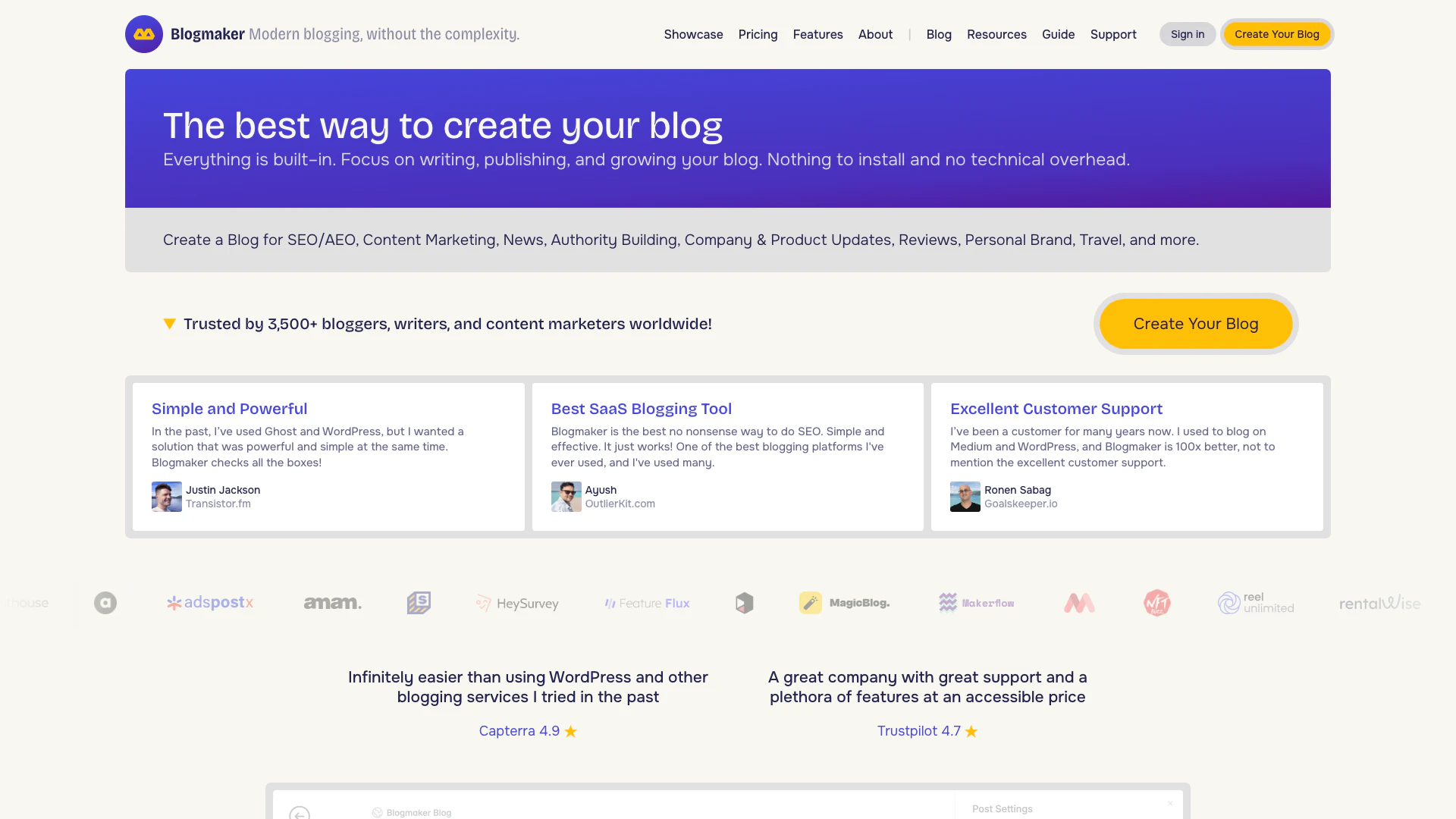 Blogmaker website screenshot showing Blogmaker allows you to effortlessly cre... interface and features