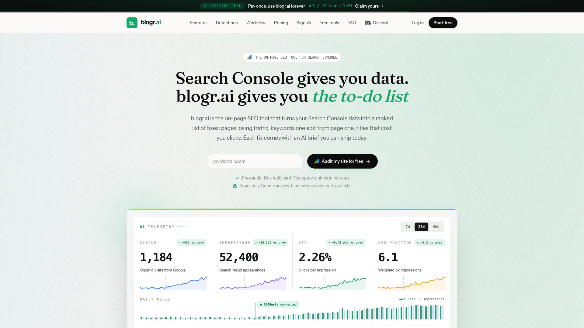 Blograi website screenshot showing Blograi is an innovative on-page SEO too... interface and features