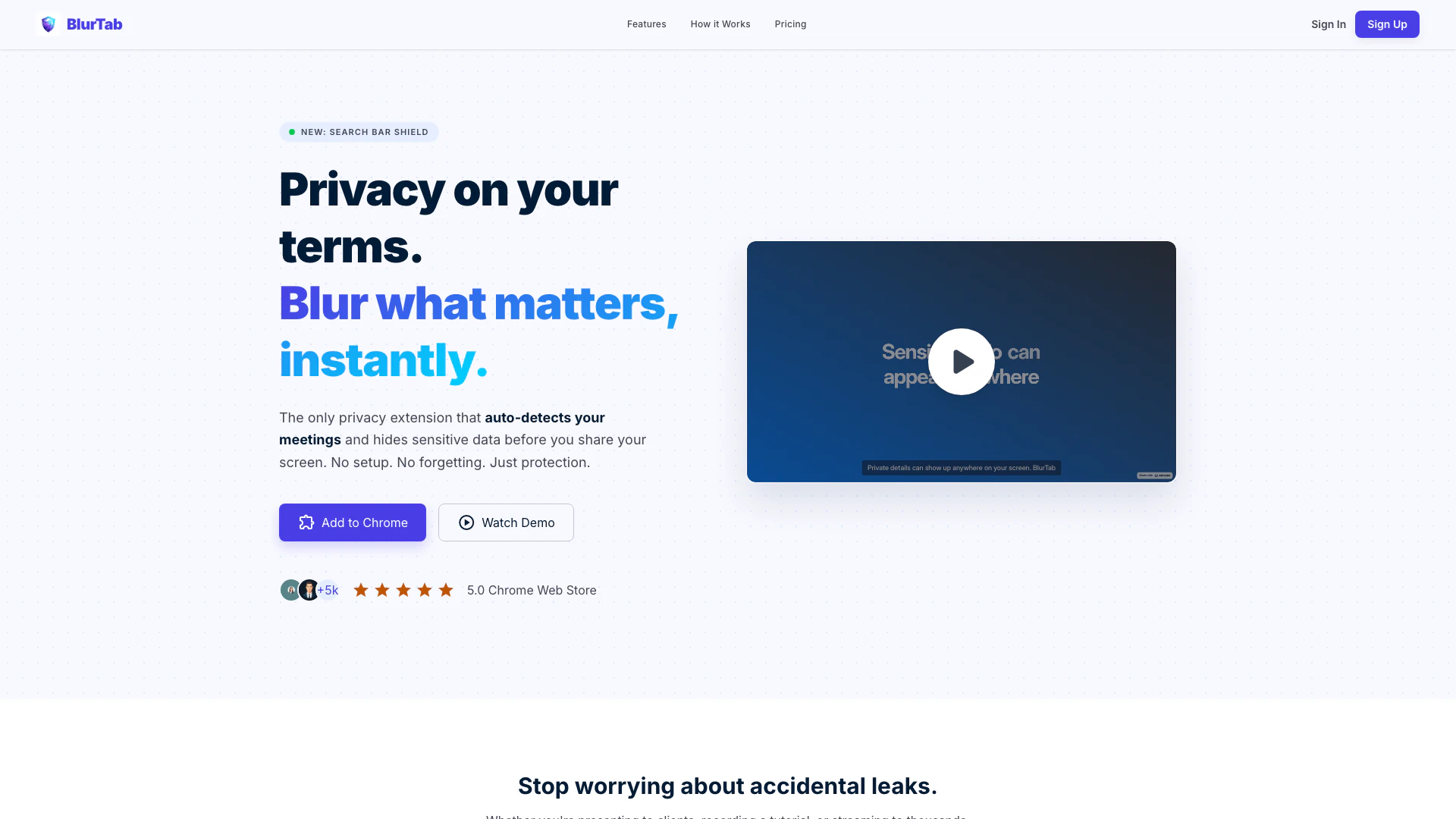 Blurtab website screenshot showing BlurTab is a privacy extension that inst... interface and features
