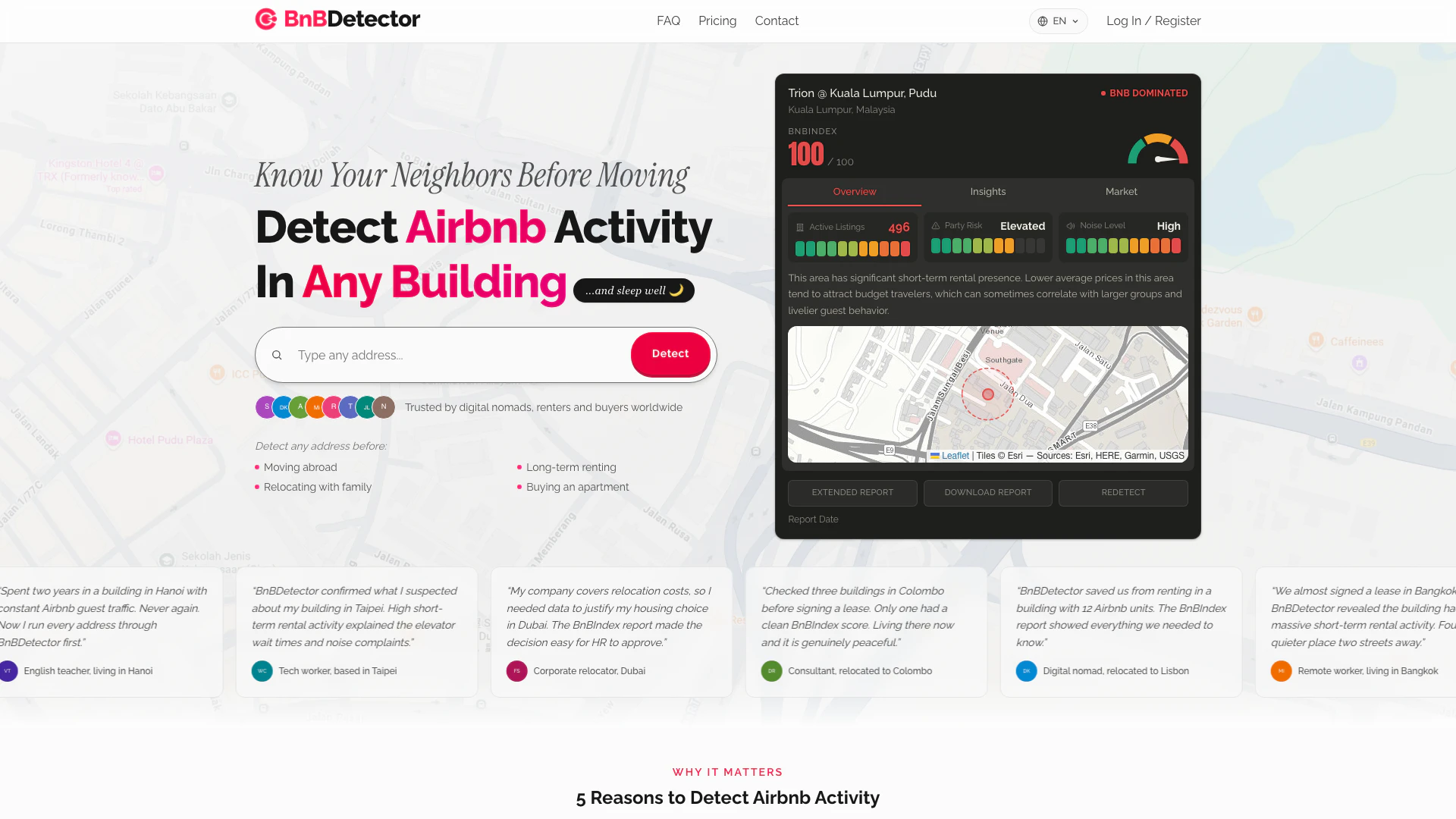 Bnbdetector website screenshot showing Bnbdetector permite detectar instantanea... interface and features