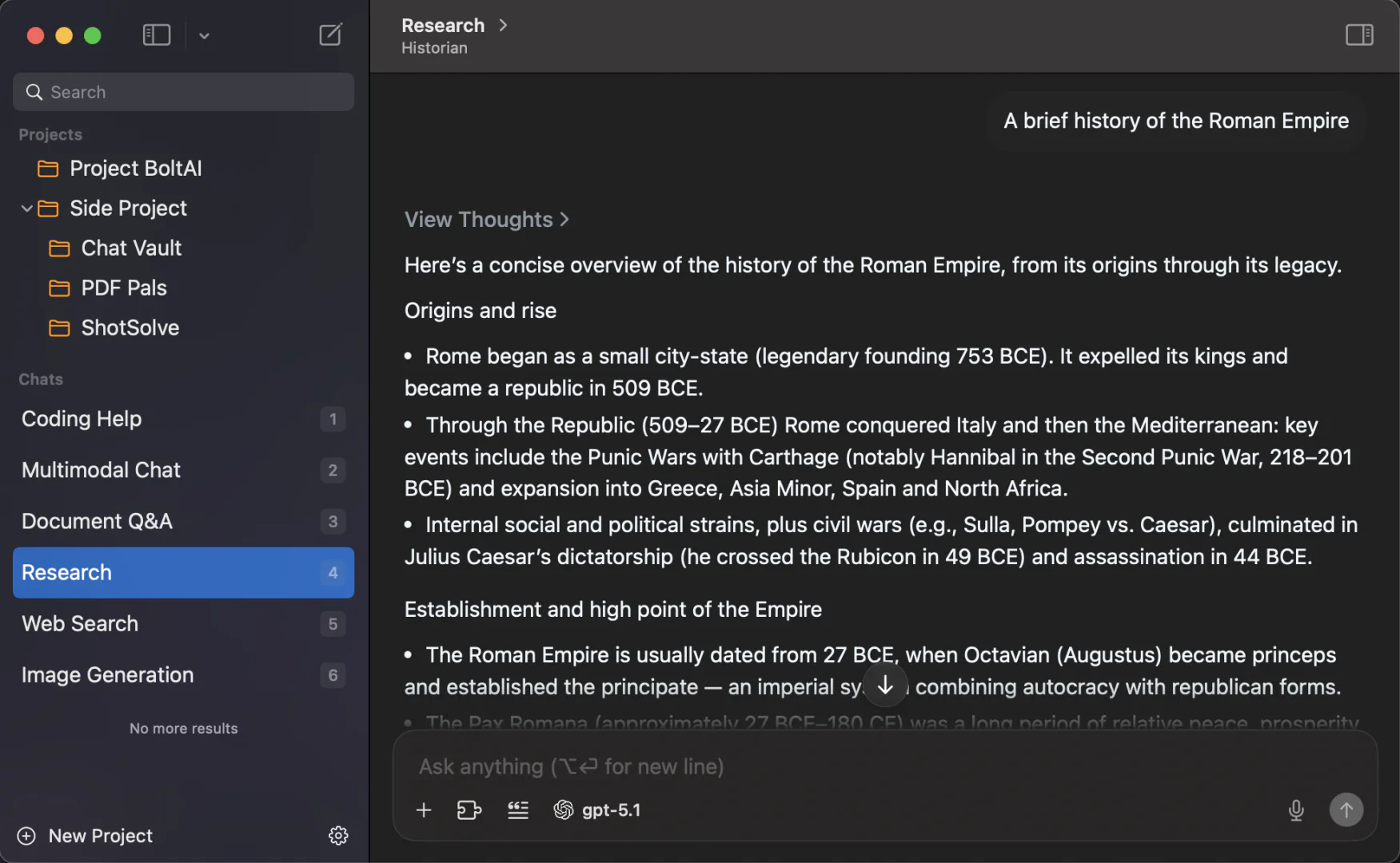 BoltAI application dark mode interface