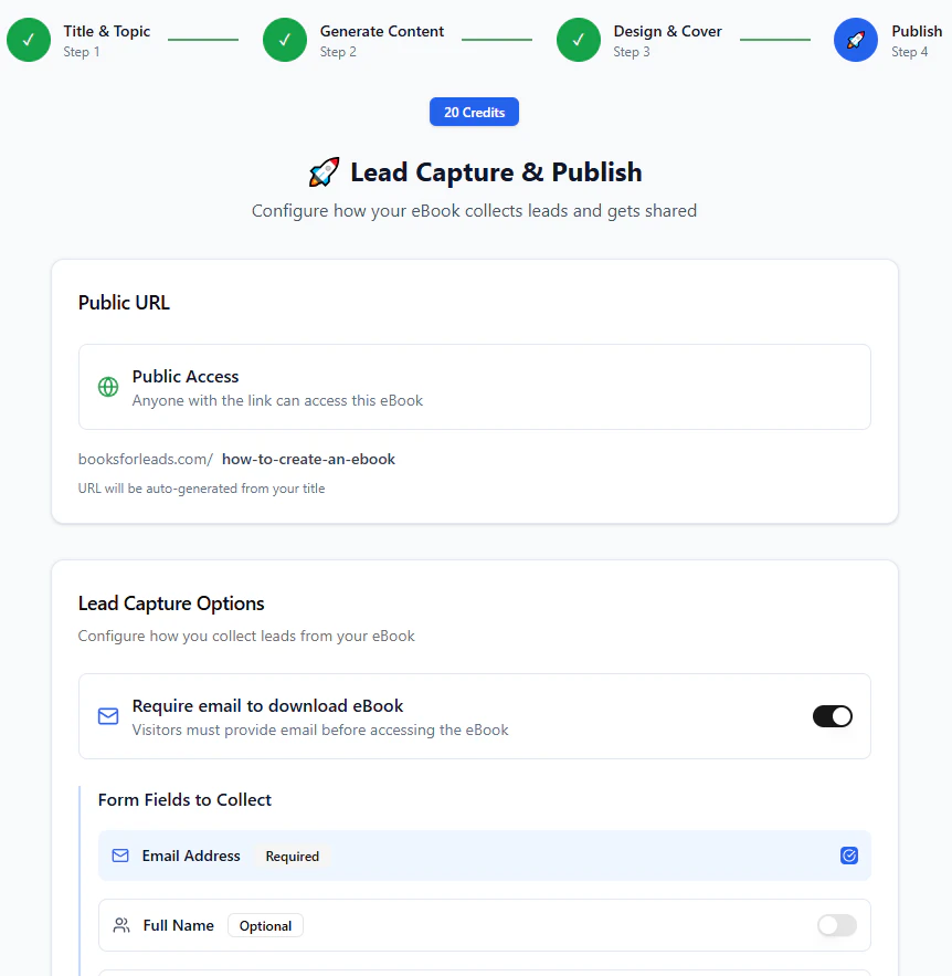 BooksforLeads publishing and lead capturing interface