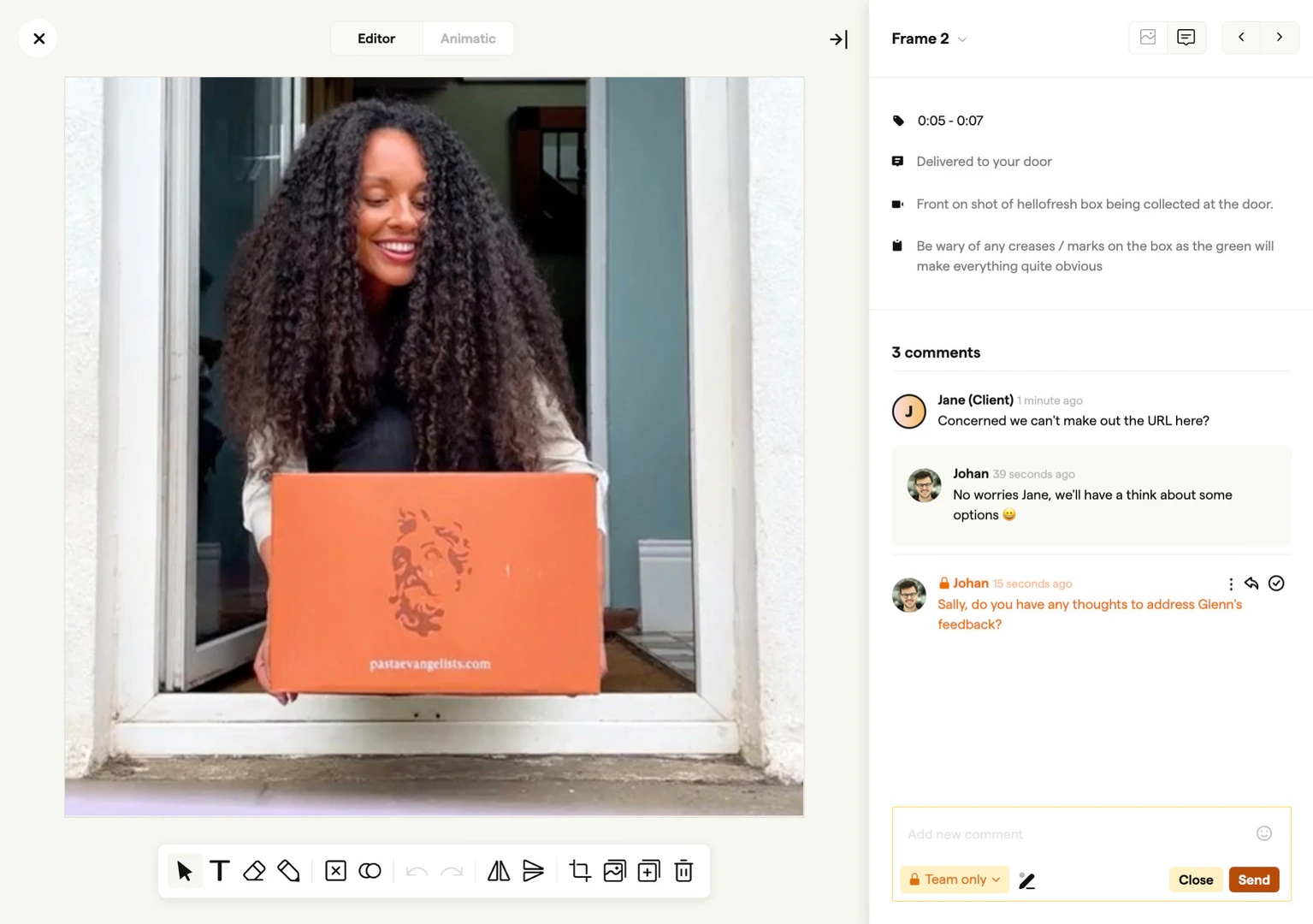 Boords interface with client feedback and comments