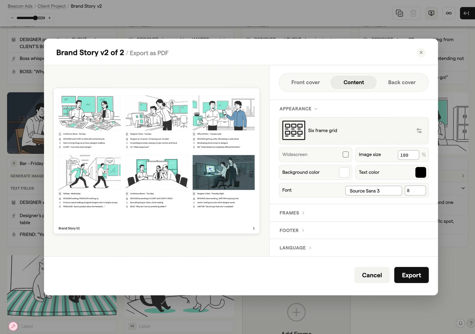 Export options for storyboards in Boords