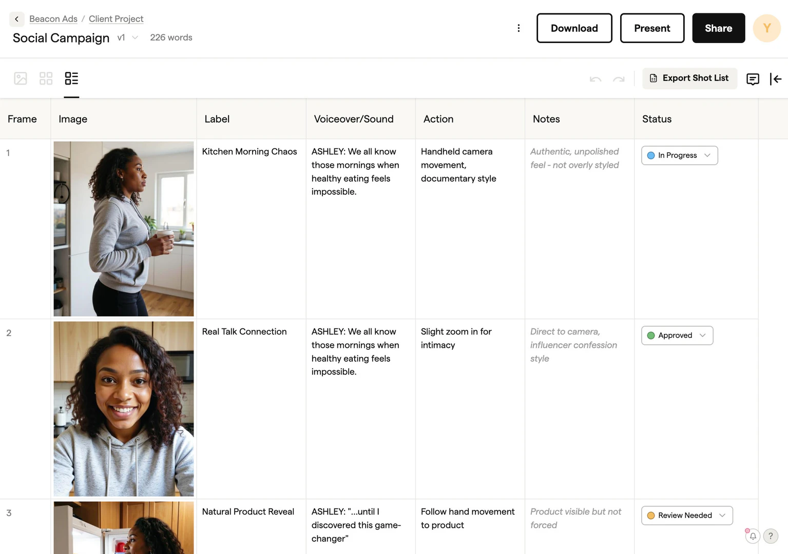Shot list view in Boords