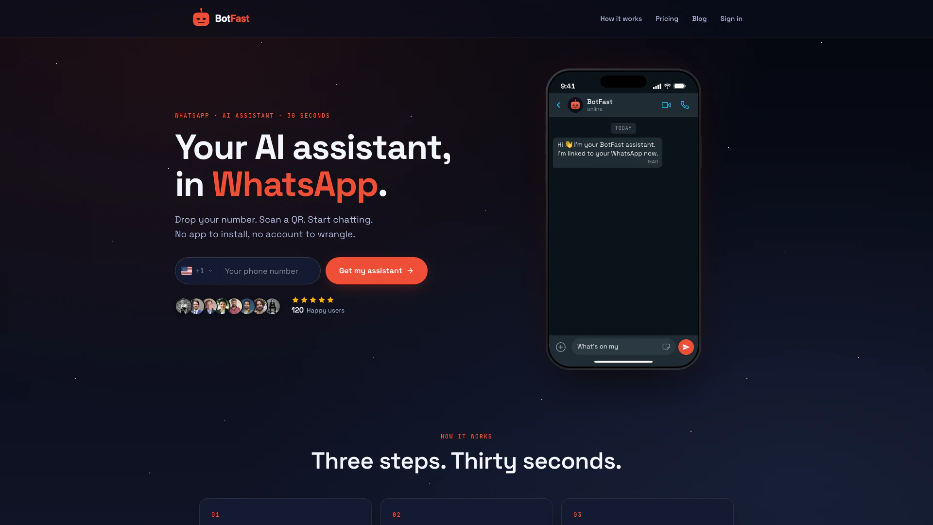 Botfast website screenshot showing BotFast is the AI assistant in your What... interface and features