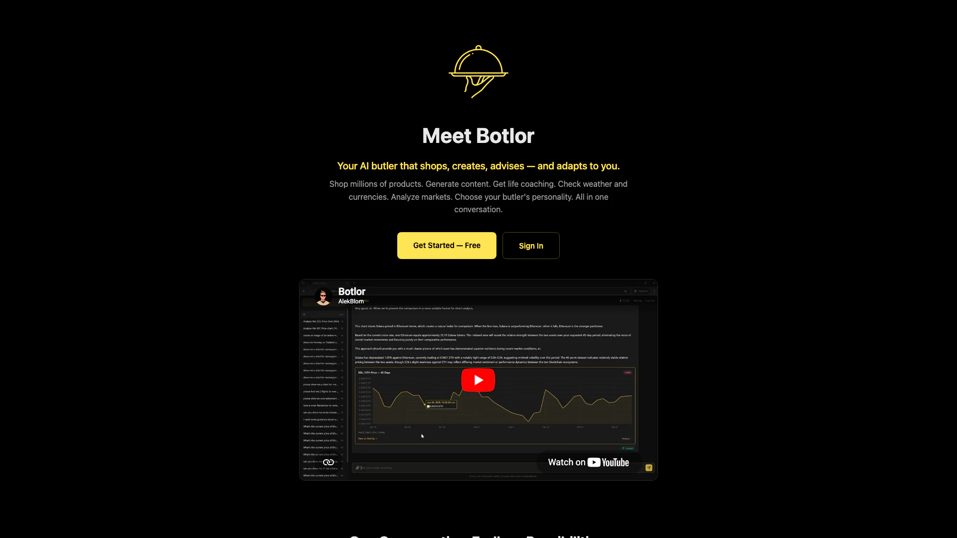 Botlor website screenshot showing Meet Botlor, your AI butler that effortl... interface and features