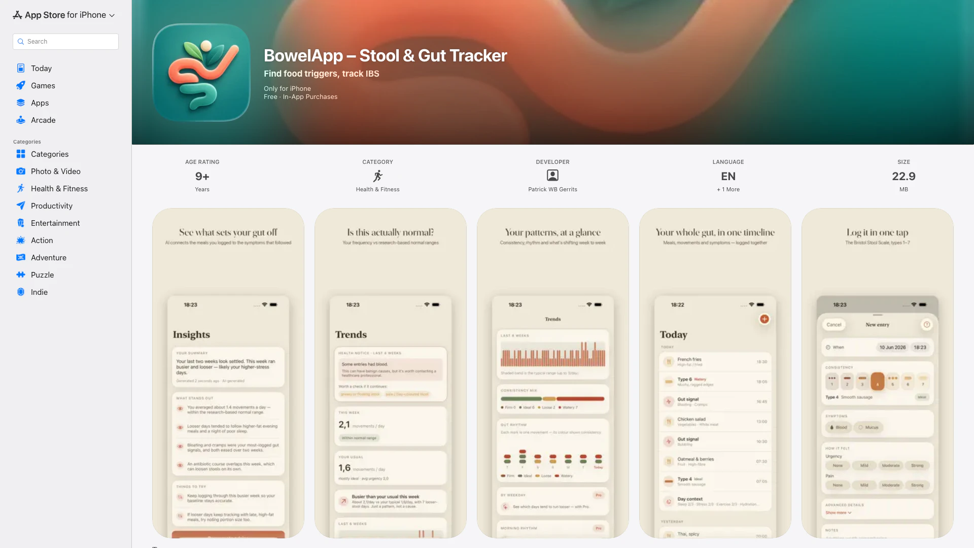 Bowelapp – Stool & Gut Tracker - iOS App website screenshot showing BowelApp helps you identify patterns in ... interface and features