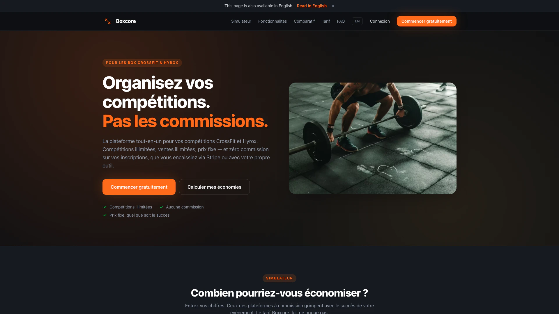 Boxcore website screenshot showing Boxcore offers unlimited CrossFit and Hy... interface and features