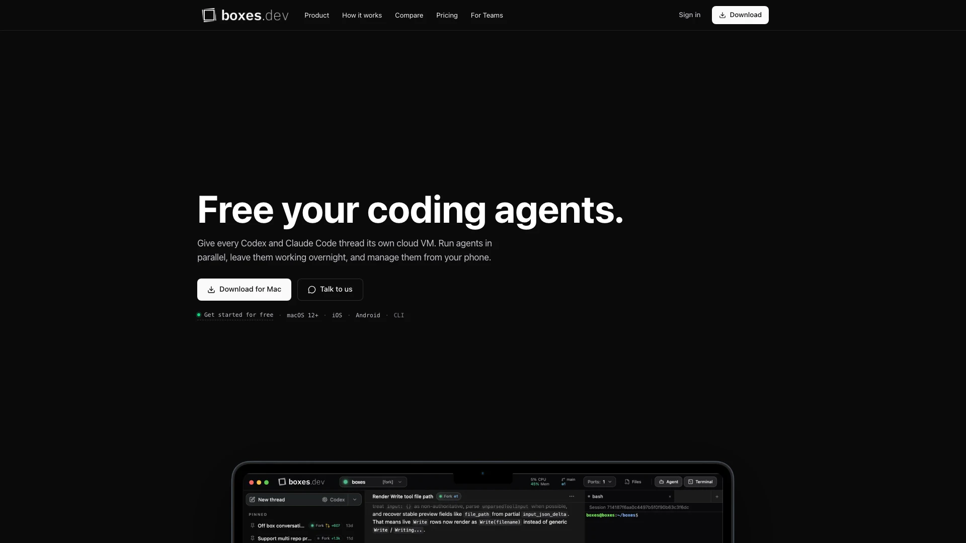 Boxes website screenshot showing Boxes는 에이전트 코딩을 위한 클라우드 개발 환경을 제공하여 사용자가... interface and features
