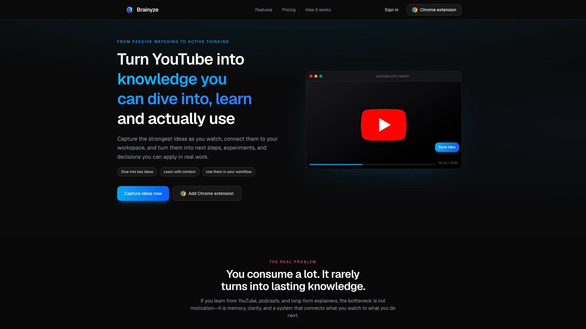 Brainyze website screenshot showing 在觀看YouTube時輕鬆捕捉您的想法,並通過AI工具進行複習,以提升您的學習體... interface and features