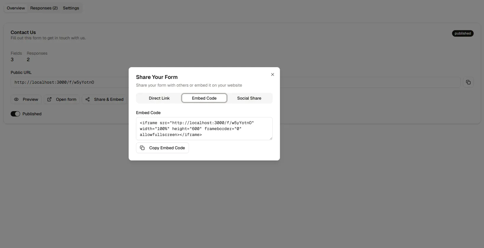 Brieform feature demonstration showing form sharing options