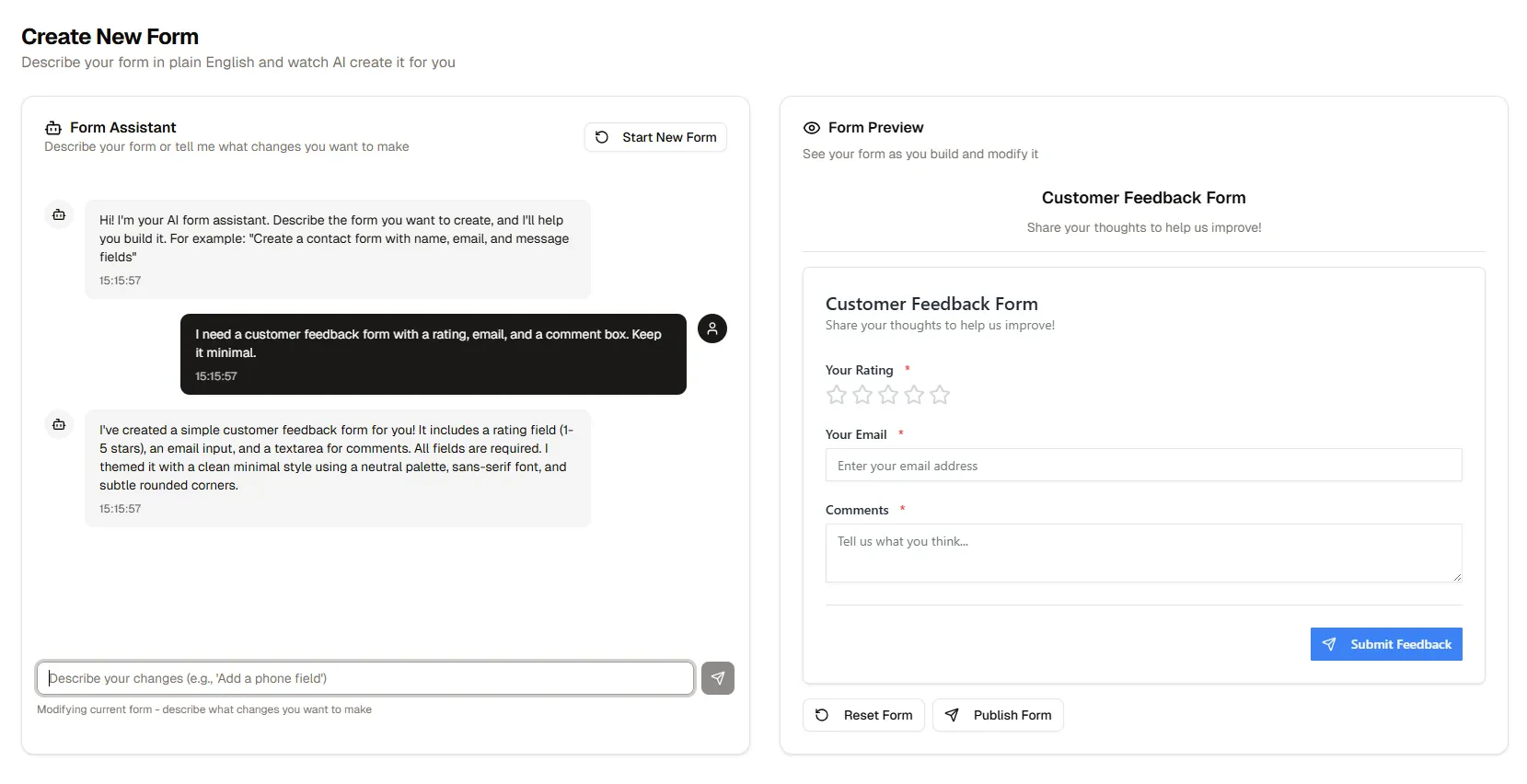 Brieform product interface showing form creation process