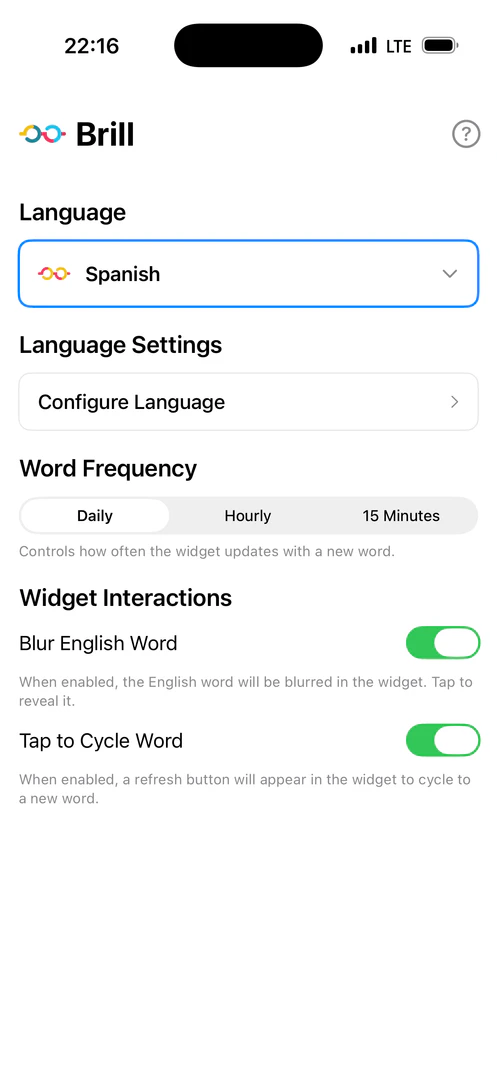 Brillapp home screen widget displaying new words