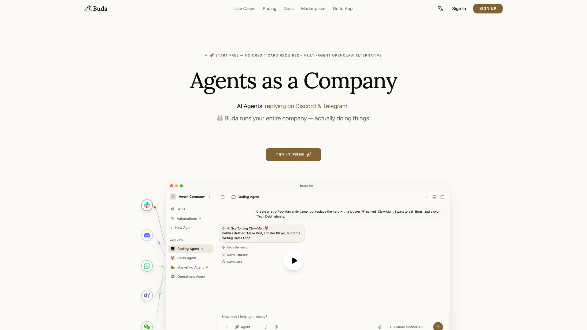 Buda website screenshot showing Buda is your all-in-one platform to run ... interface and features