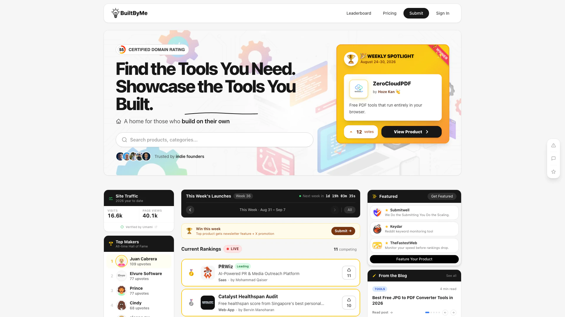 Builtbyme website screenshot showing Discover and showcase products built by ... interface and features