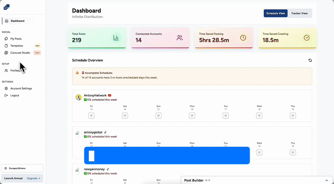 BulletSocial scheduler dashboard and content calendar interface