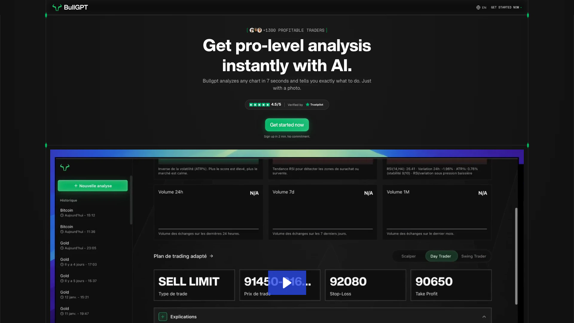 Bullgpt website screenshot showing BullGPT is the ultimate trading AI desig... interface and features