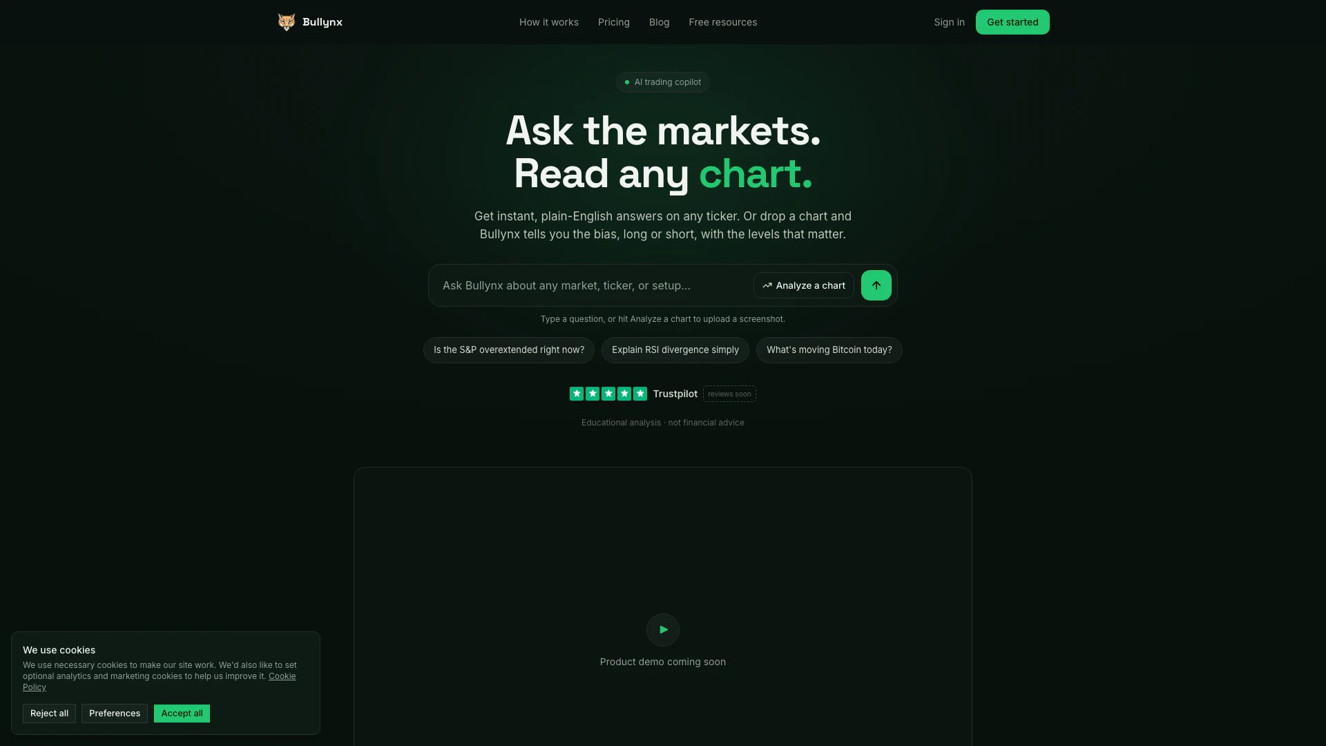 Bullynx website screenshot showing Bullynx 提供清晰的市场洞察和图表分析,帮助交易者做出明智的决策。 interface and features
