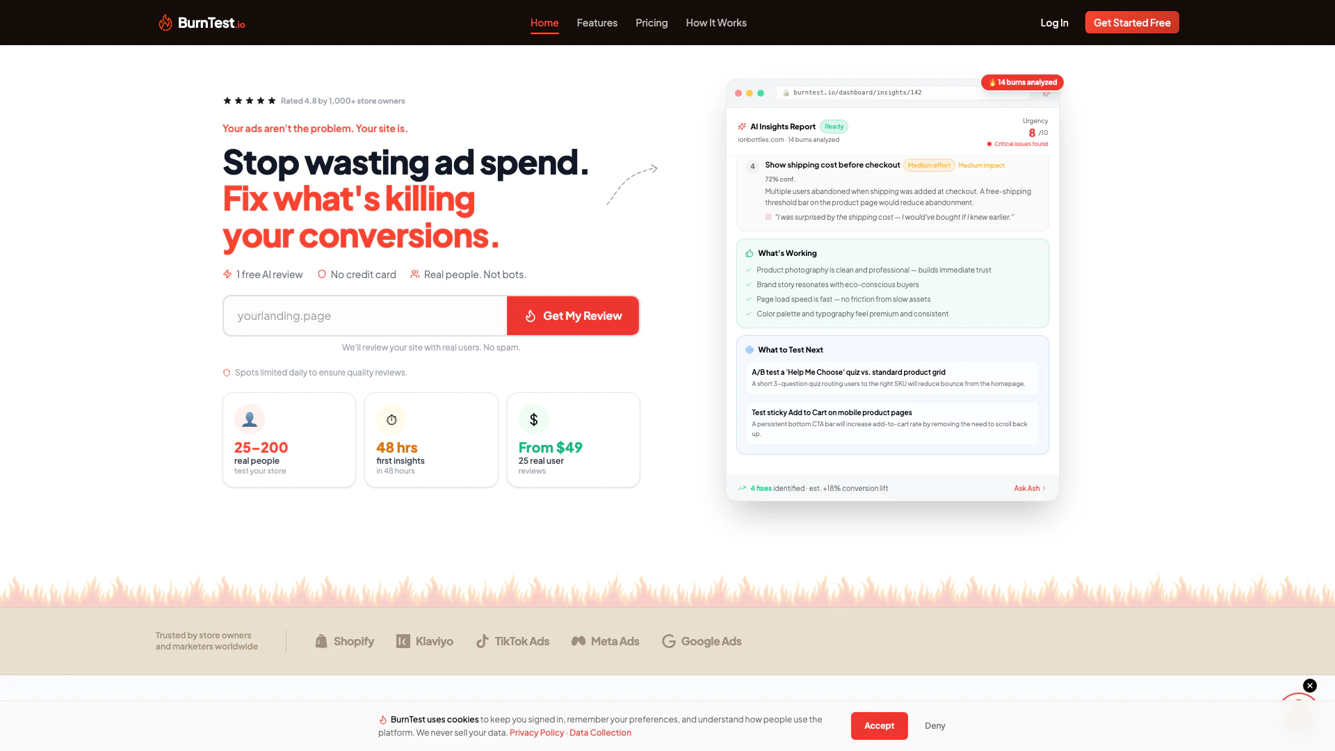 Burntest website screenshot showing Burntest provides real user testing to u... interface and features