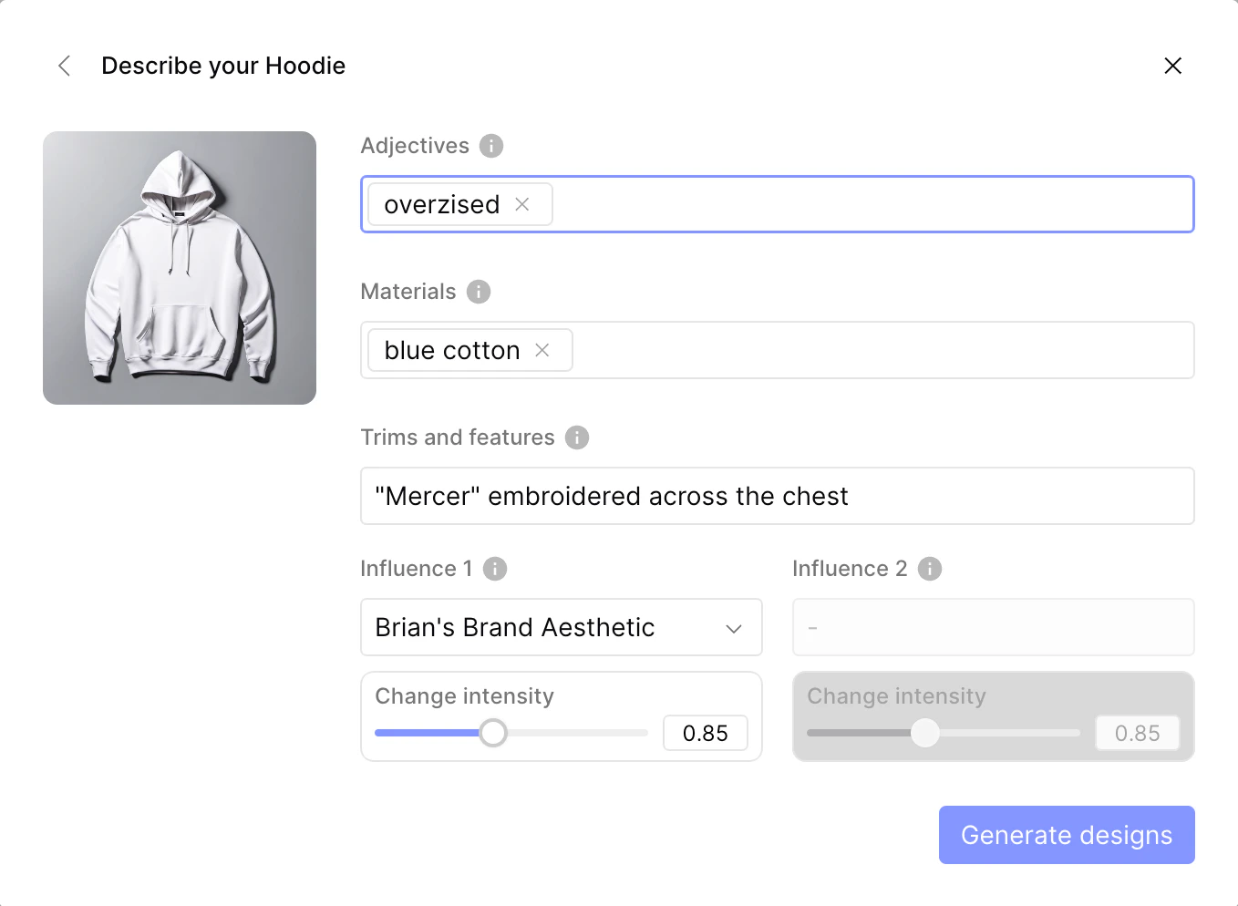 Mercer AI Designer Tool showcasing hoodie design features