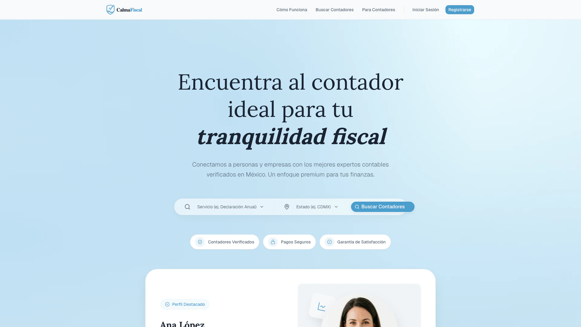Calmafiscal website screenshot showing Find, compare, and hire verified account... interface and features