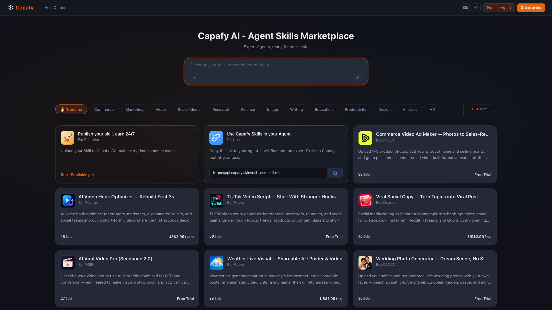 Capafyai website screenshot showing Capafy AI is a marketplace for AI agents... interface and features