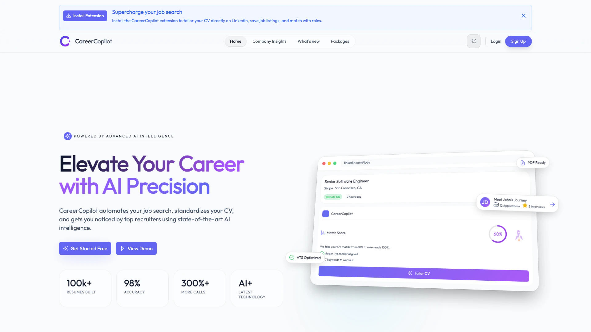Careercopilot website screenshot showing CareerCopilot自動化您的求職過程,標準化您的履歷,並利用最先進的AI... interface and features