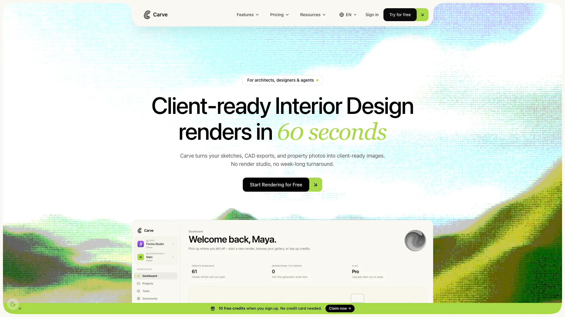 Carve website screenshot showing Carve transforms sketches, CAD exports, ... interface and features