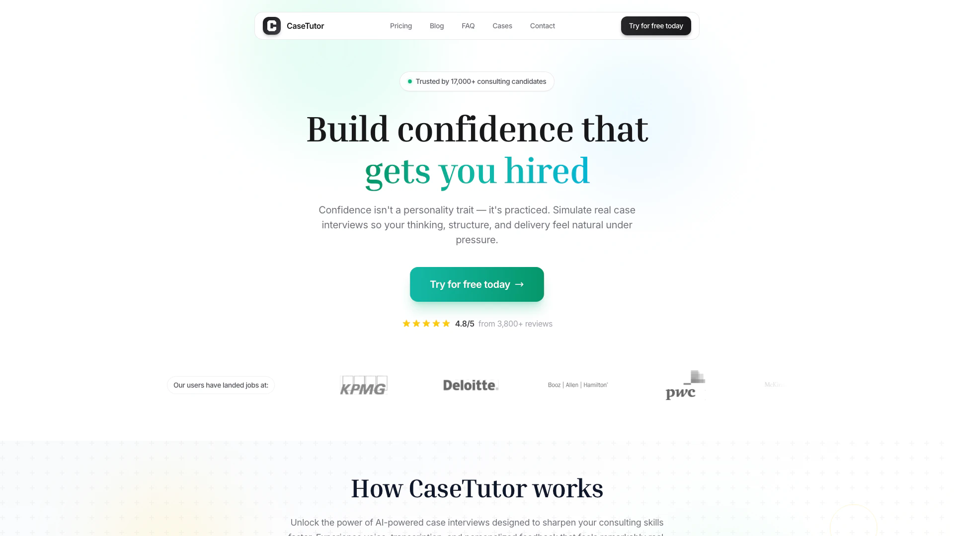 Casetutor website screenshot showing CaseTutor simplifies case interview prac... interface and features