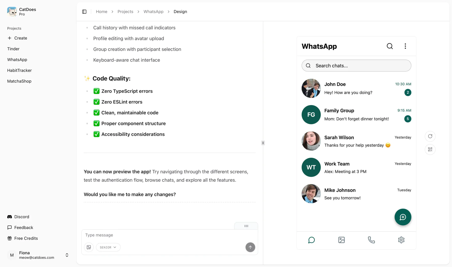 CatDoes project dashboard showing app development process