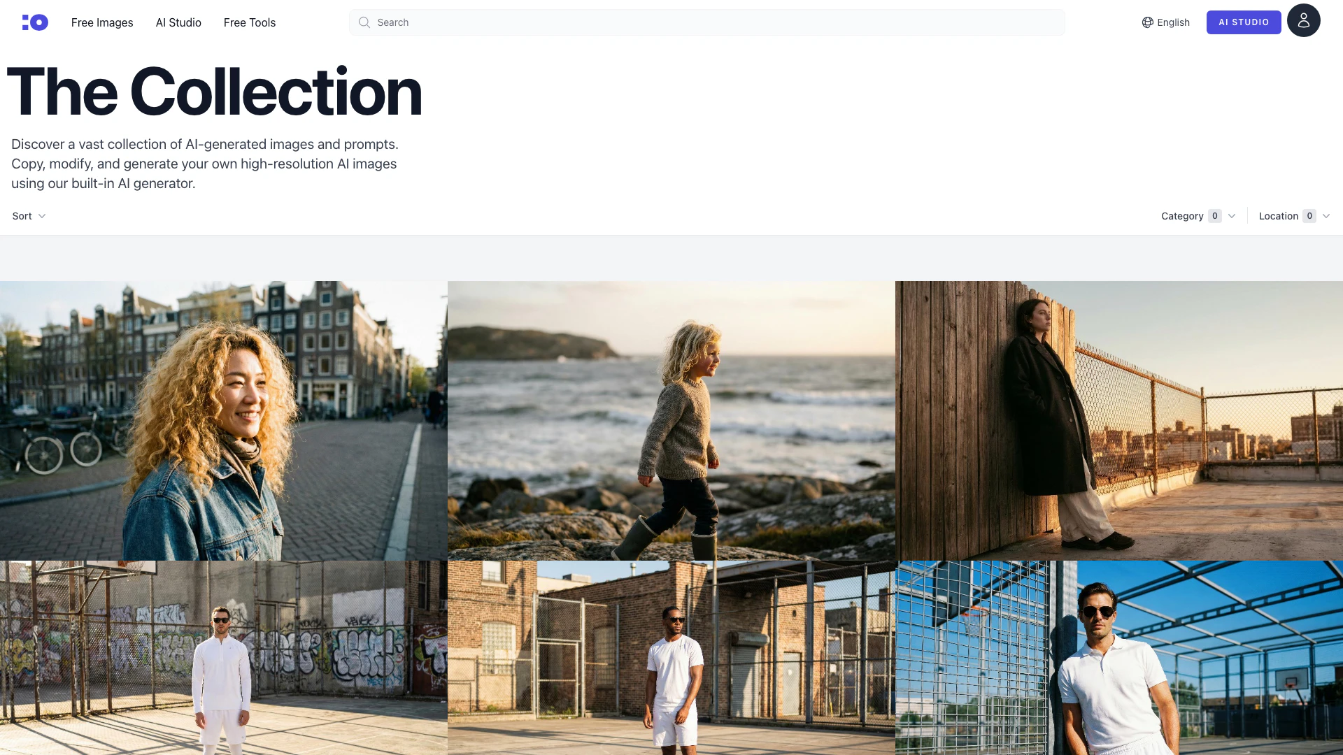 Cgfaces Com website screenshot showing 컬렉션: AI로 생성된 이미지와 프롬프트 탐색 및 만들기 - 컬렉션: A... interface and features