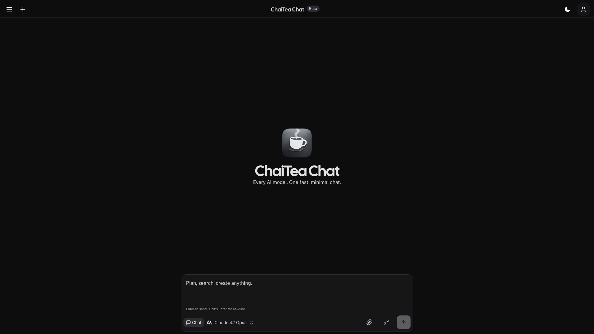 Chaitea website screenshot showing ChaiTea Chat is a lightning-fast, minima... interface and features