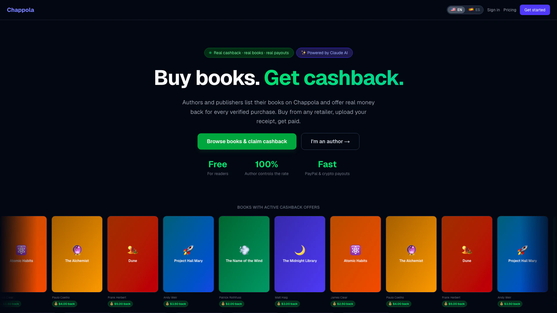 Chappola website screenshot showing Chappola allows readers to earn cashback... interface and features