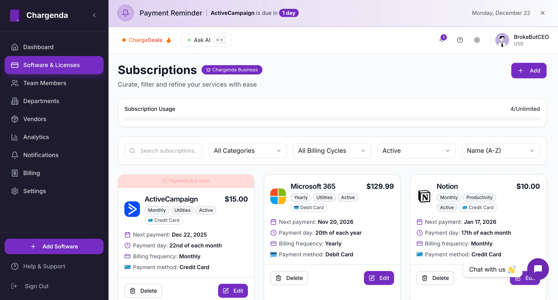 Chargenda subscription management hub