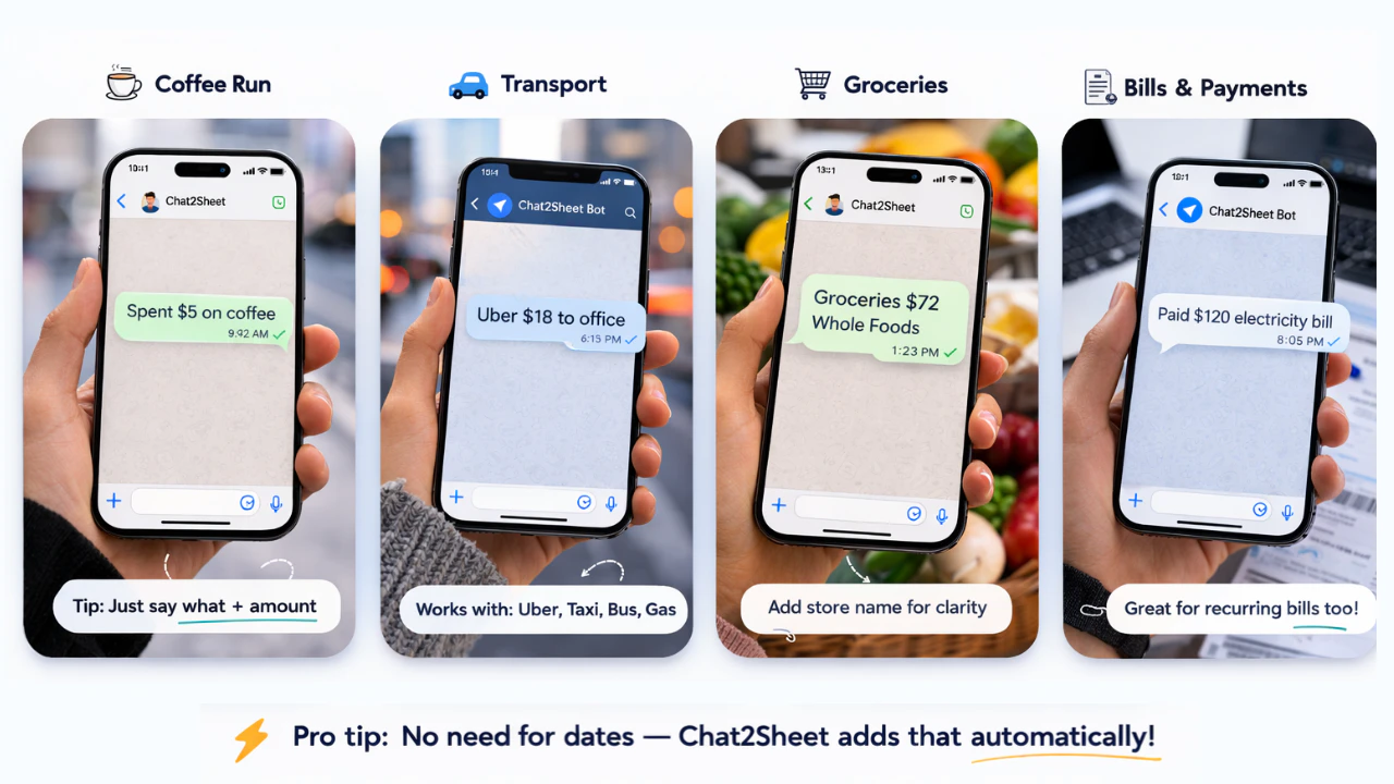Chat2Sheet expense tracking feature demonstration
