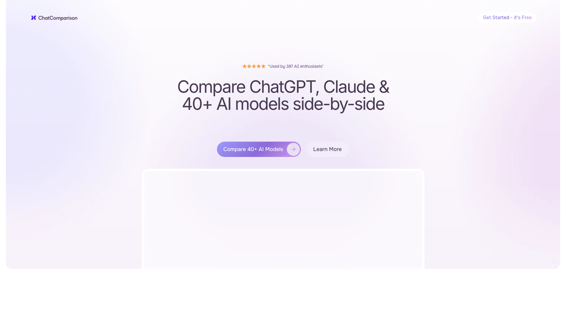 Chatcomparisonai website screenshot showing Compare over 40 different AI models side... interface and features