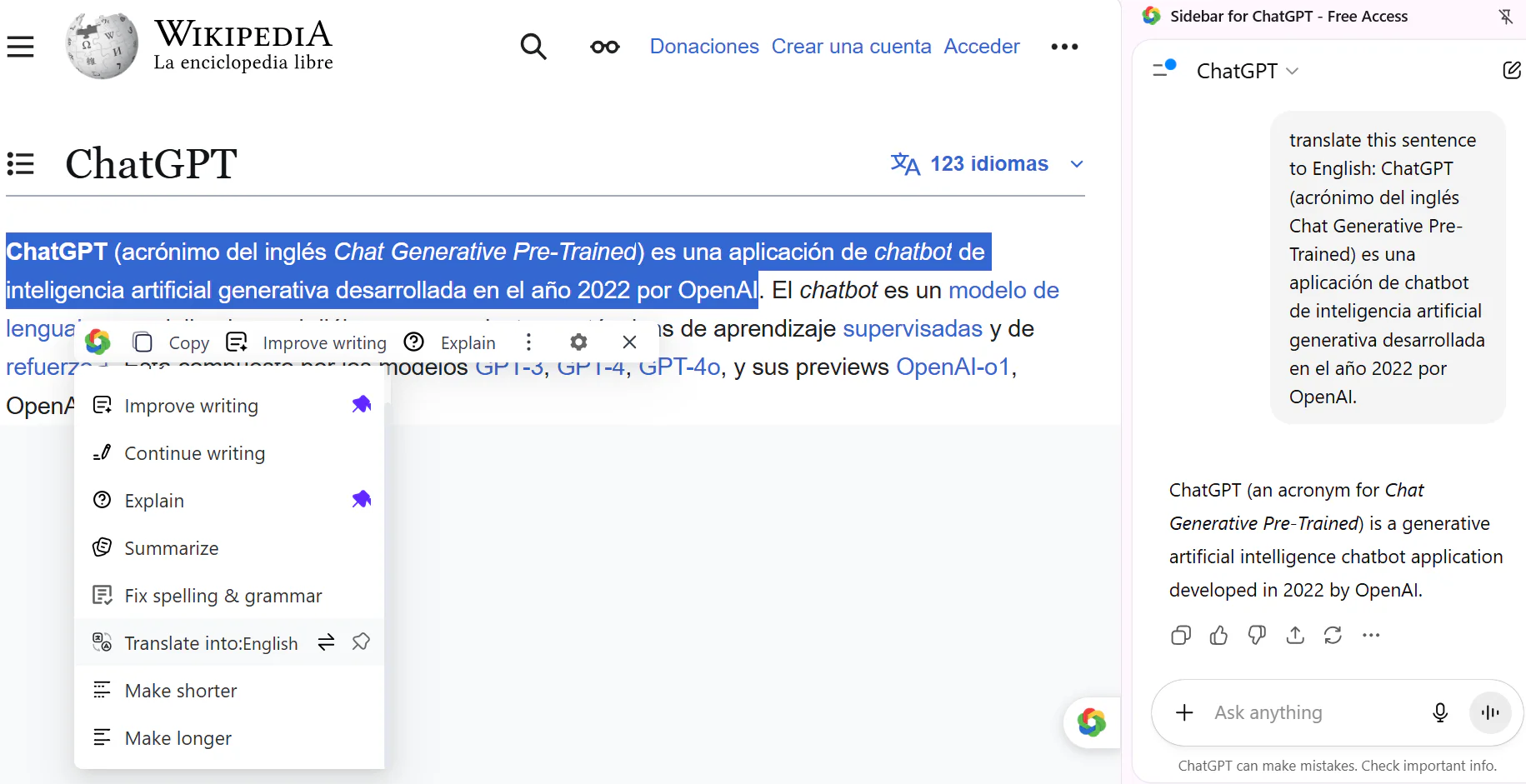 ChatGPT Sidebar in action