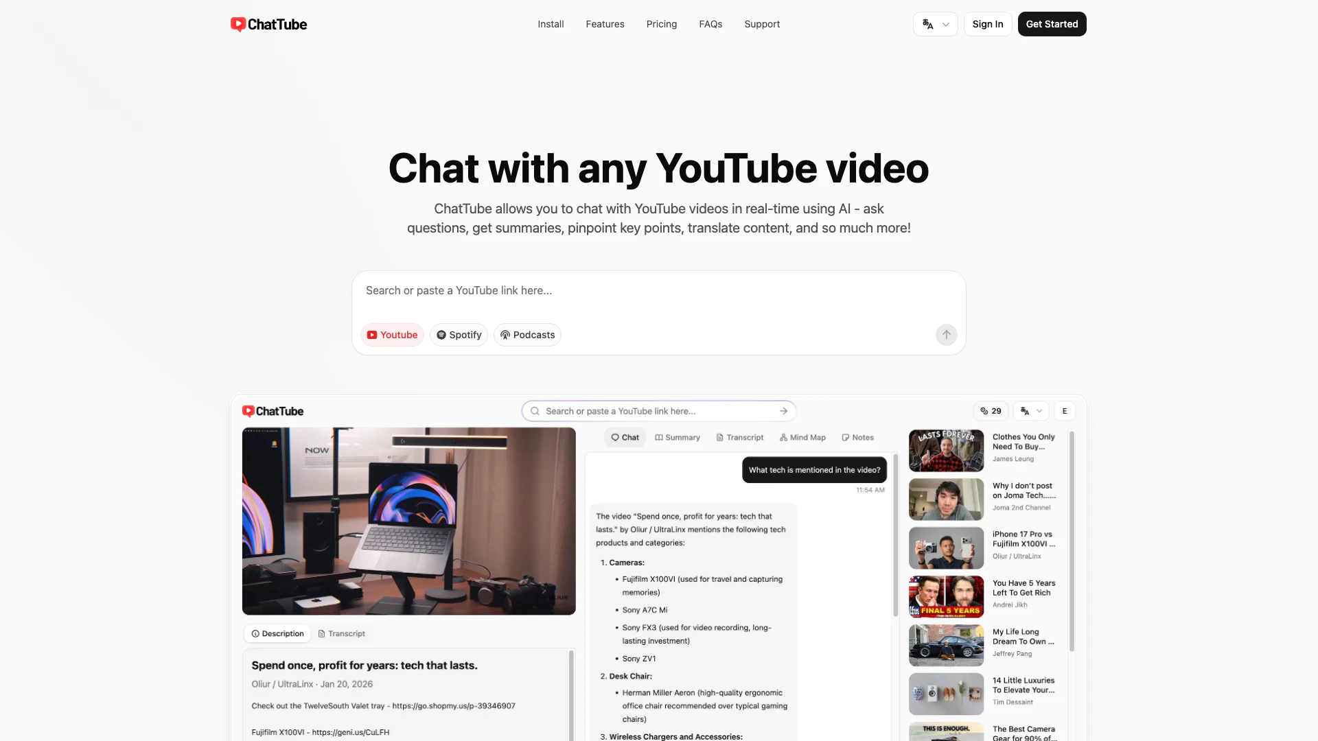 Chattube website screenshot showing ChatTube 讓你可以使用 AI 與 YouTube 影片進行即時聊天 - ... interface and features