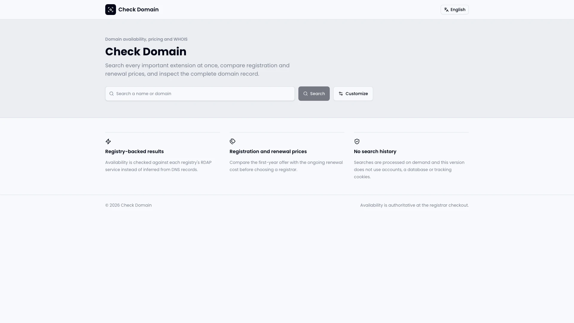Checkdomainai website screenshot showing Check domain availability, review WHOIS ... interface and features