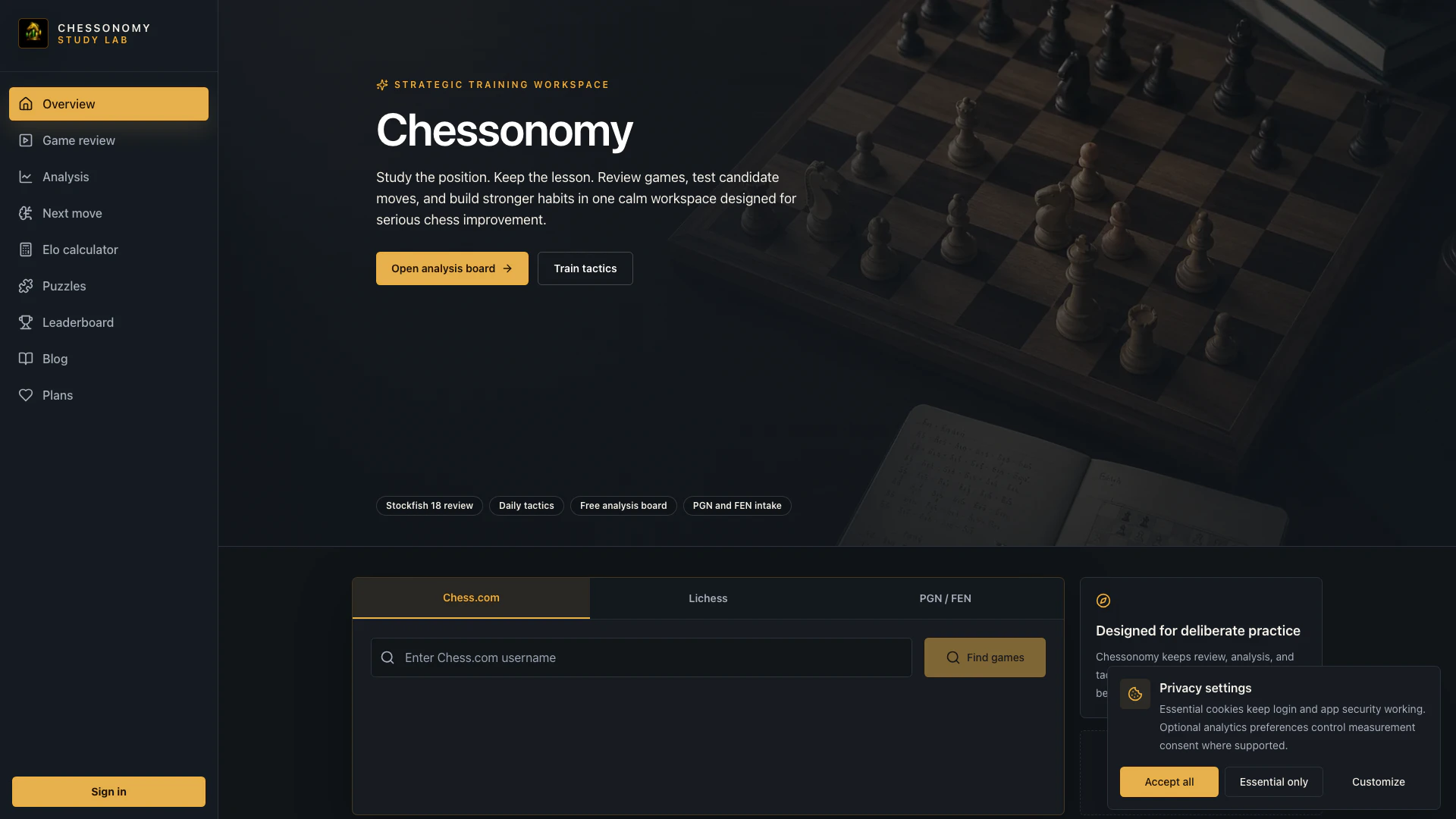 Chessonomy website screenshot showing Analysez les parties d'échecs, vérifiez ... interface and features
