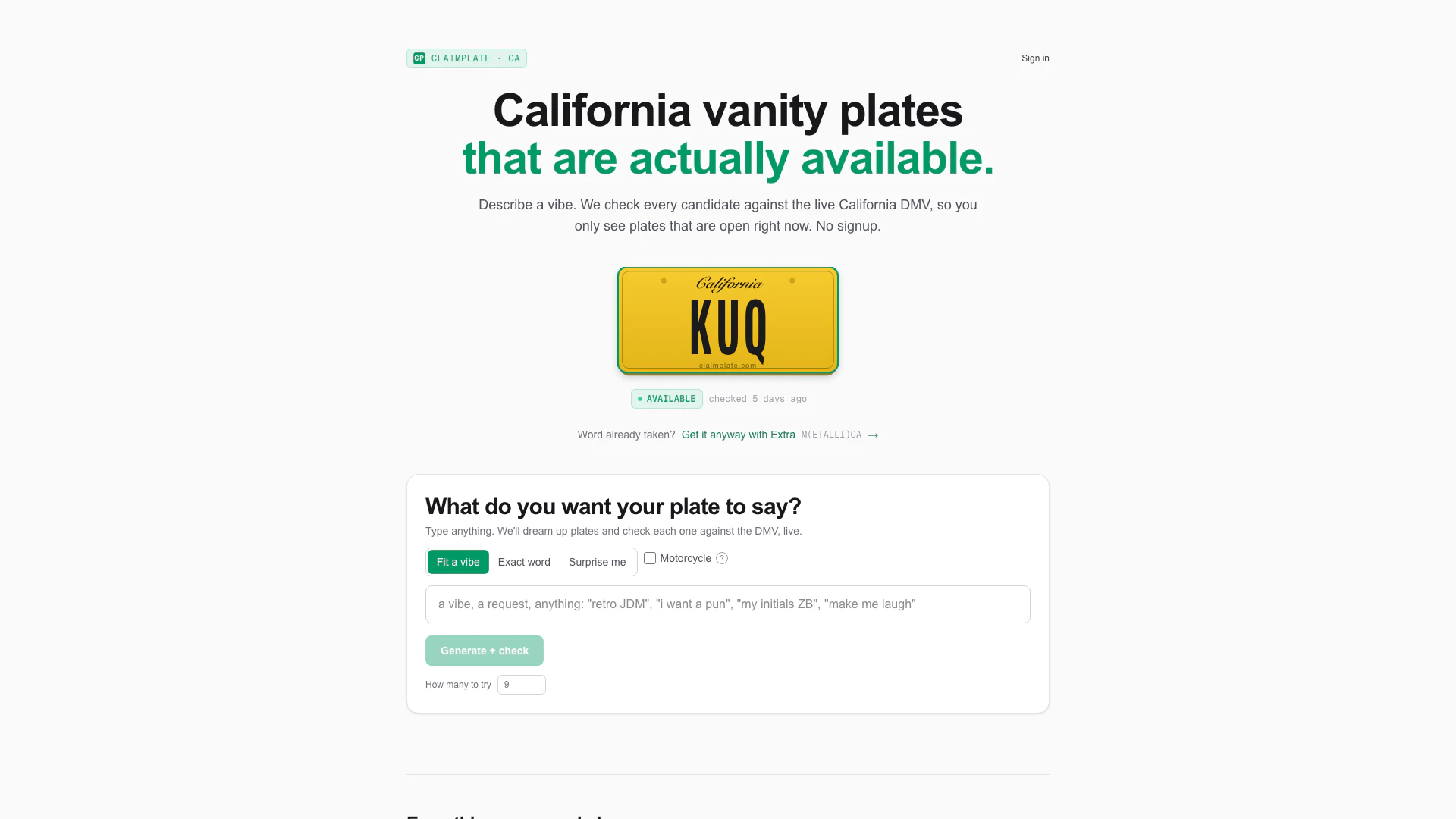 Claimplate website screenshot showing ClaimPlate는 캘리포니아 DMV를 실시간으로 확인하여 실제로 사용... interface and features