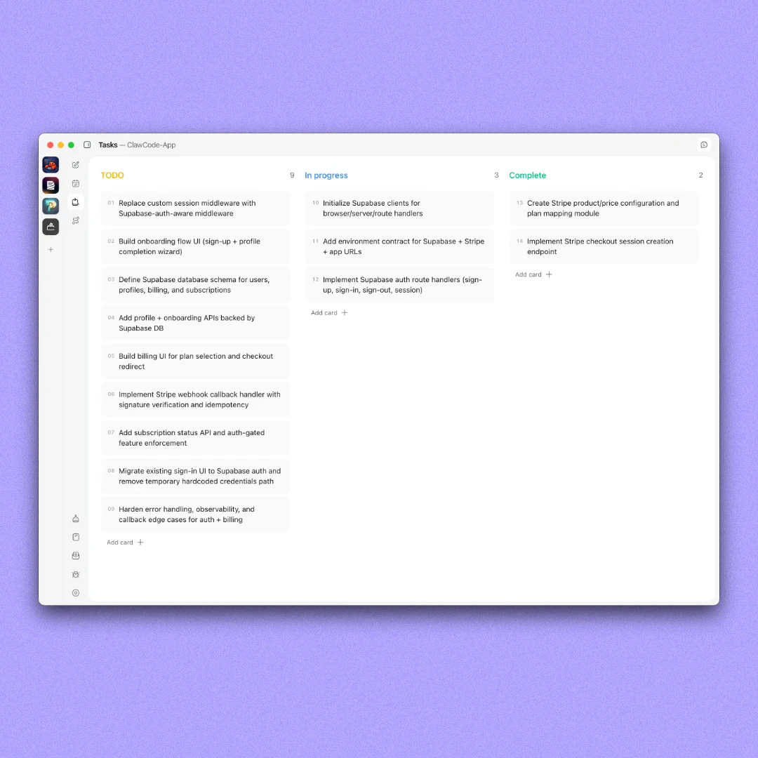 ClawCode task board feature preview