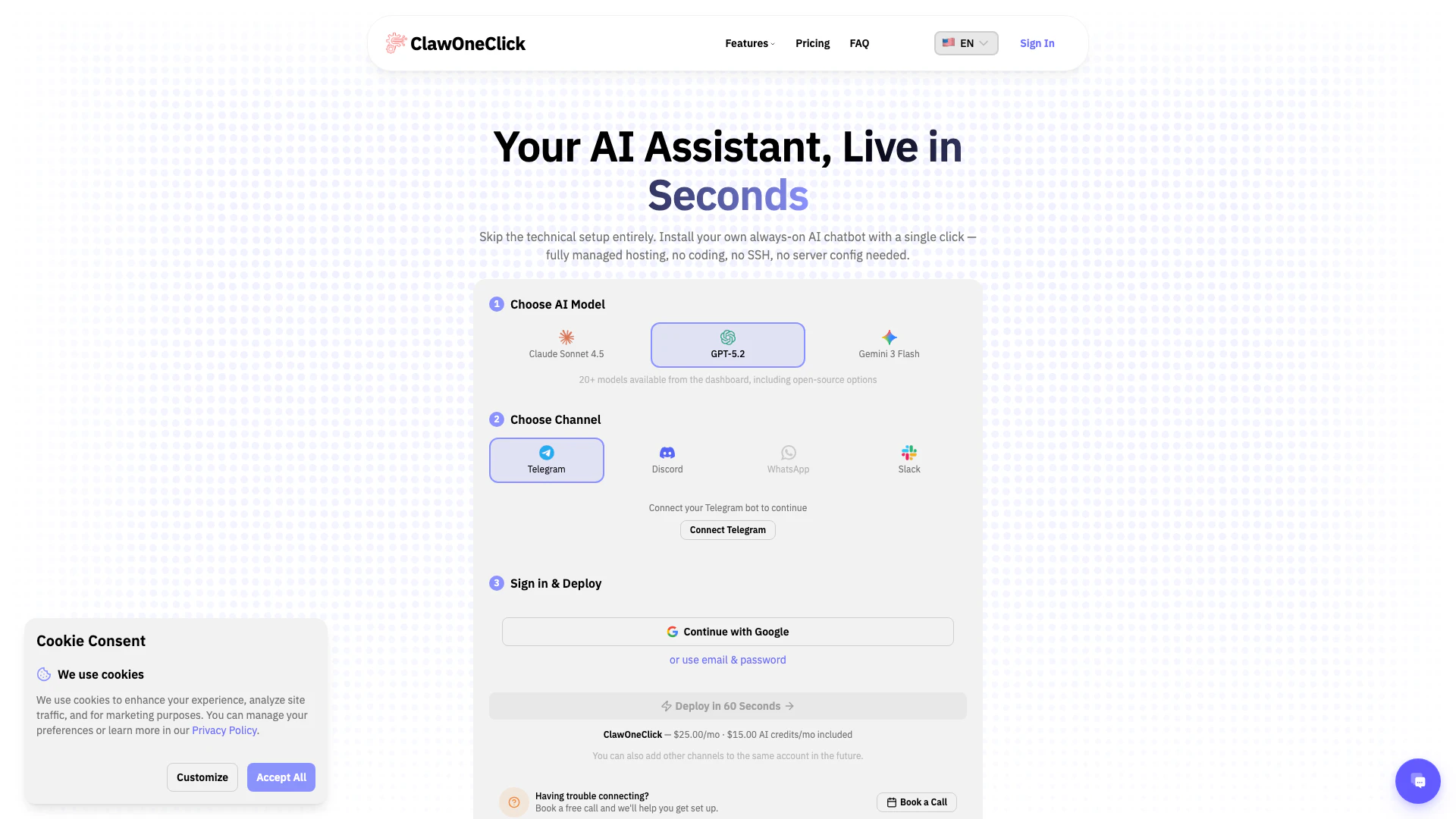 Clawoneclick website screenshot showing Install your own 24/7 AI assistant in un... interface and features