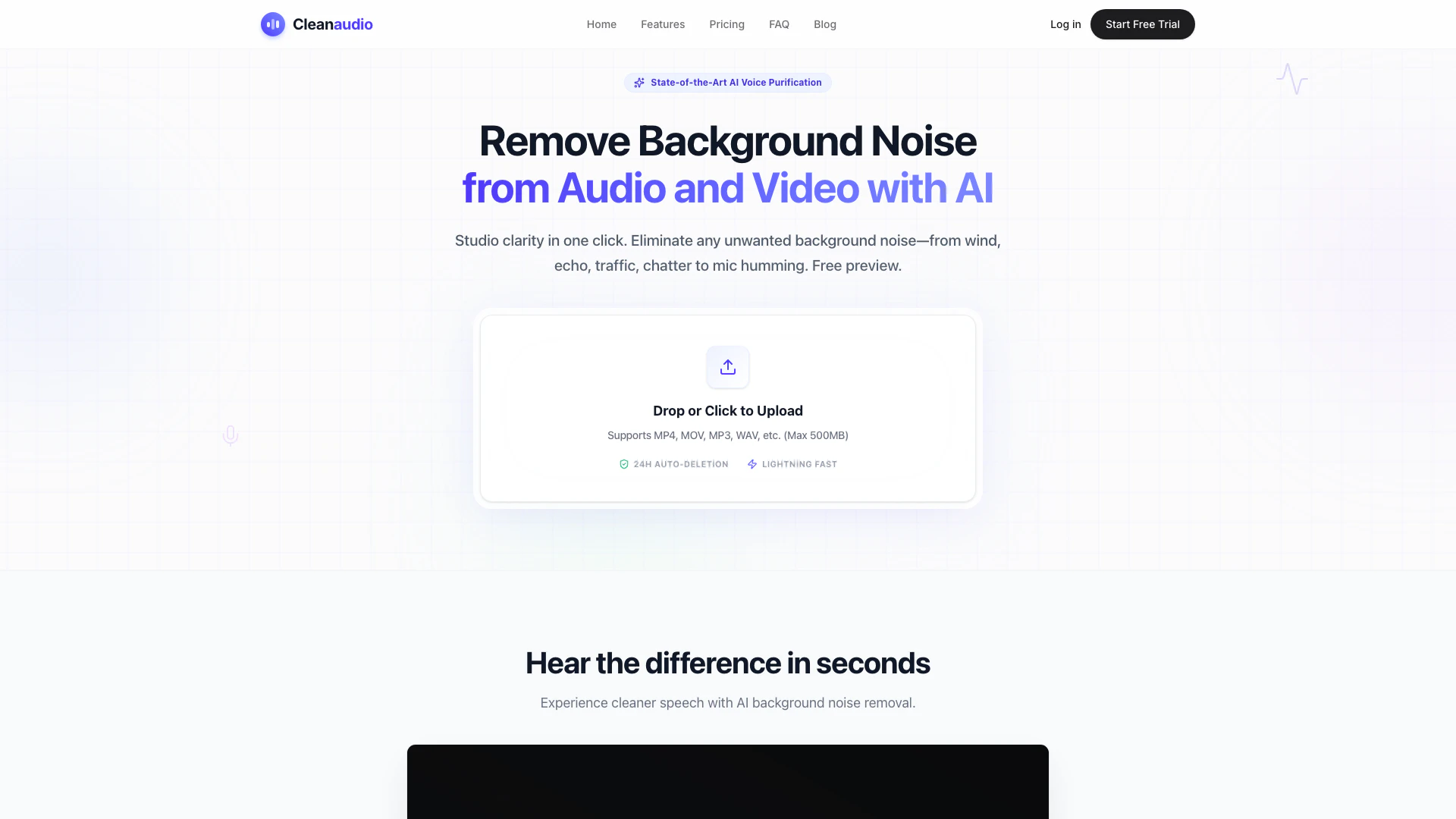 Cleanaudio website screenshot showing Cleanaudio uses AI to remove background ... interface and features