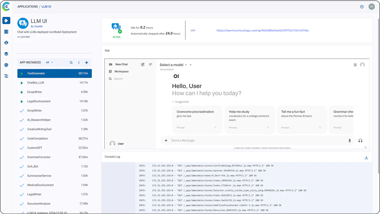Cleargptai user interface for deploying models
